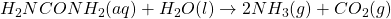 H_2NCONH_2(aq) + H_2O(l) \rightarrow 2NH_3(g) + CO_2(g)